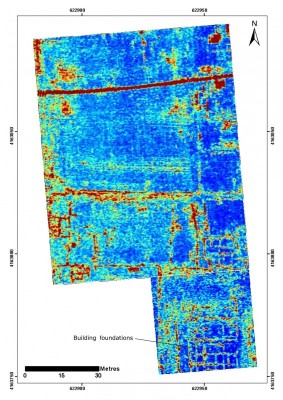 Figure 5. GPR time slice from a depth of 70–80cm from the southern part of Mantinea; red represents high amplitude and blue represents low amplitude; the data shows the foundations of a large building complex in the southern half of the grid.